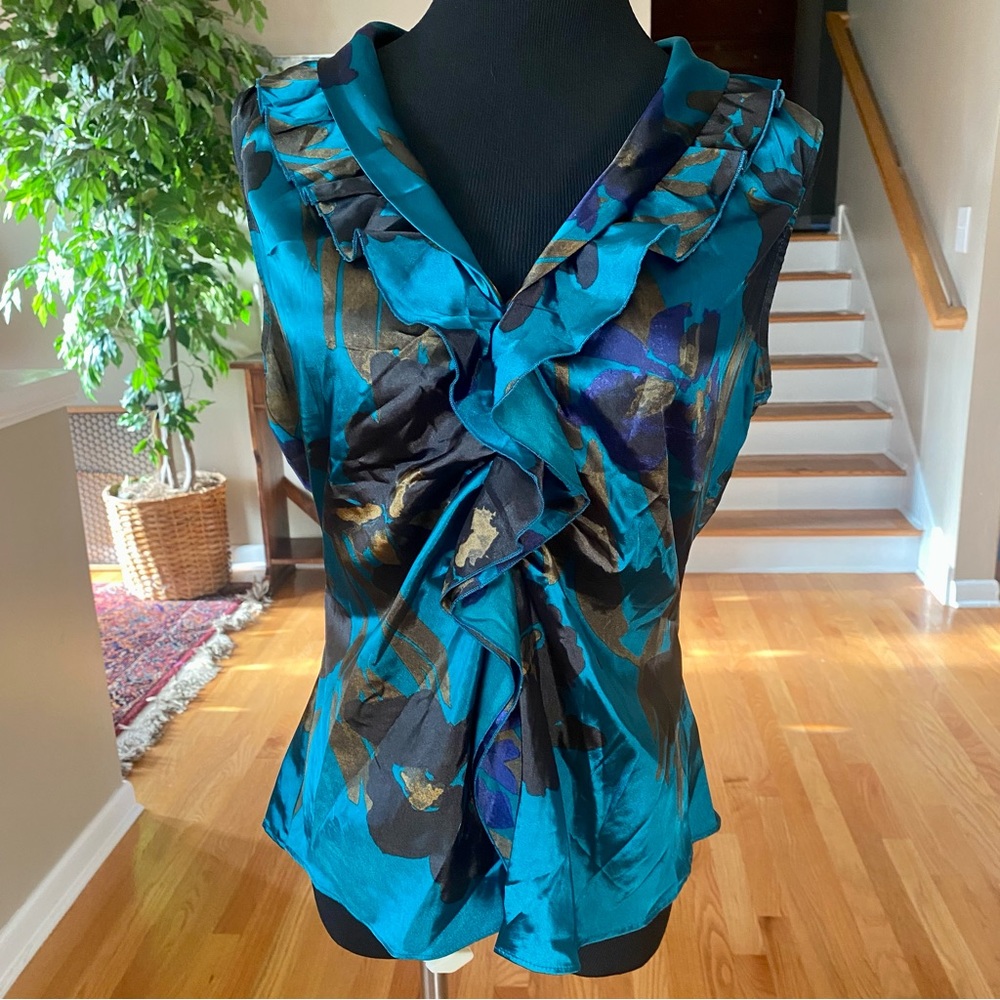 T Tahari Teal/Brown Floral Satin-y Sleeveless Blouse